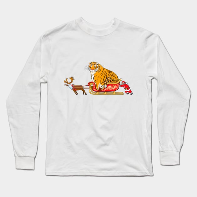 Meme fat tiger in Santa's sleigh / Year of the Tiger /New Year 2022/ Tiger 2022 Long Sleeve T-Shirt by SafSafStore